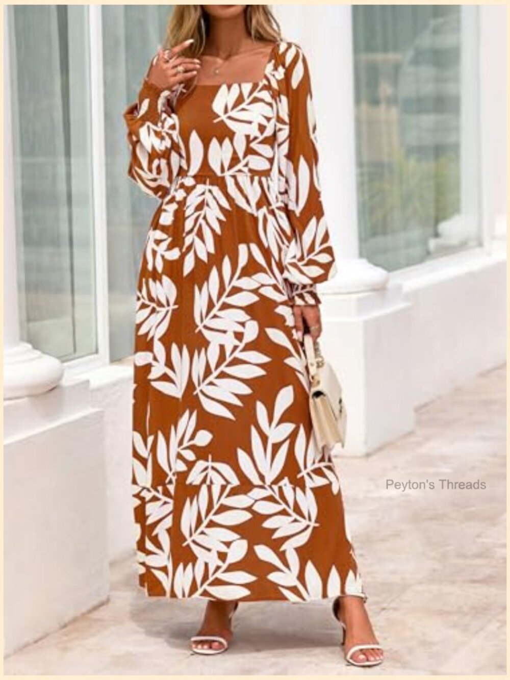 Square Neck Puff Sleeve Boho Maxi Dress with Pockets - Picture 6 of 7